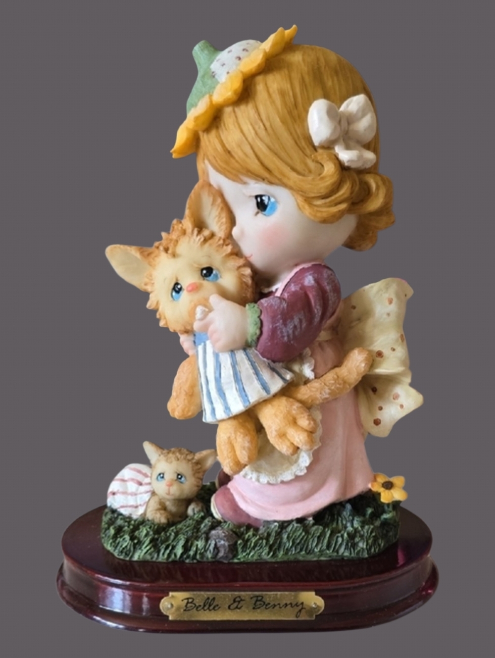 Vtg Precious Moments Style Ceramic Figurine W/ Kittens Sunflower Nursery Decor
